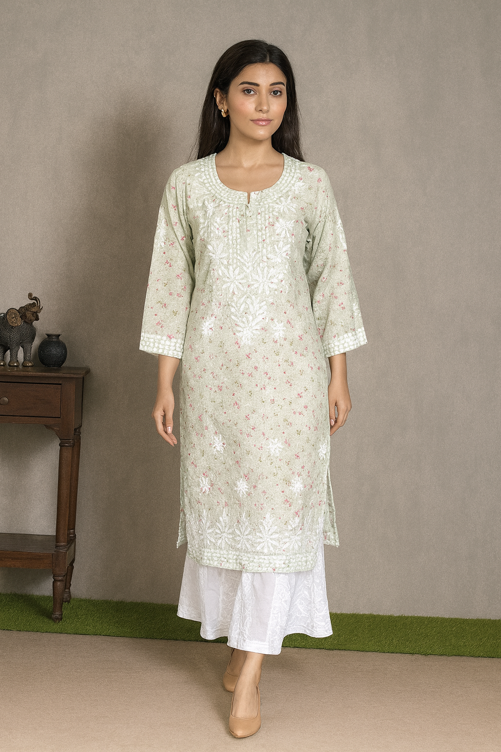 Lucknowi Chikankari Light Green Printed Cotton Kurti-K000085