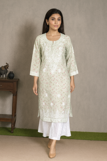 Lucknowi Chikankari Light Green Printed Cotton Kurti-K000085