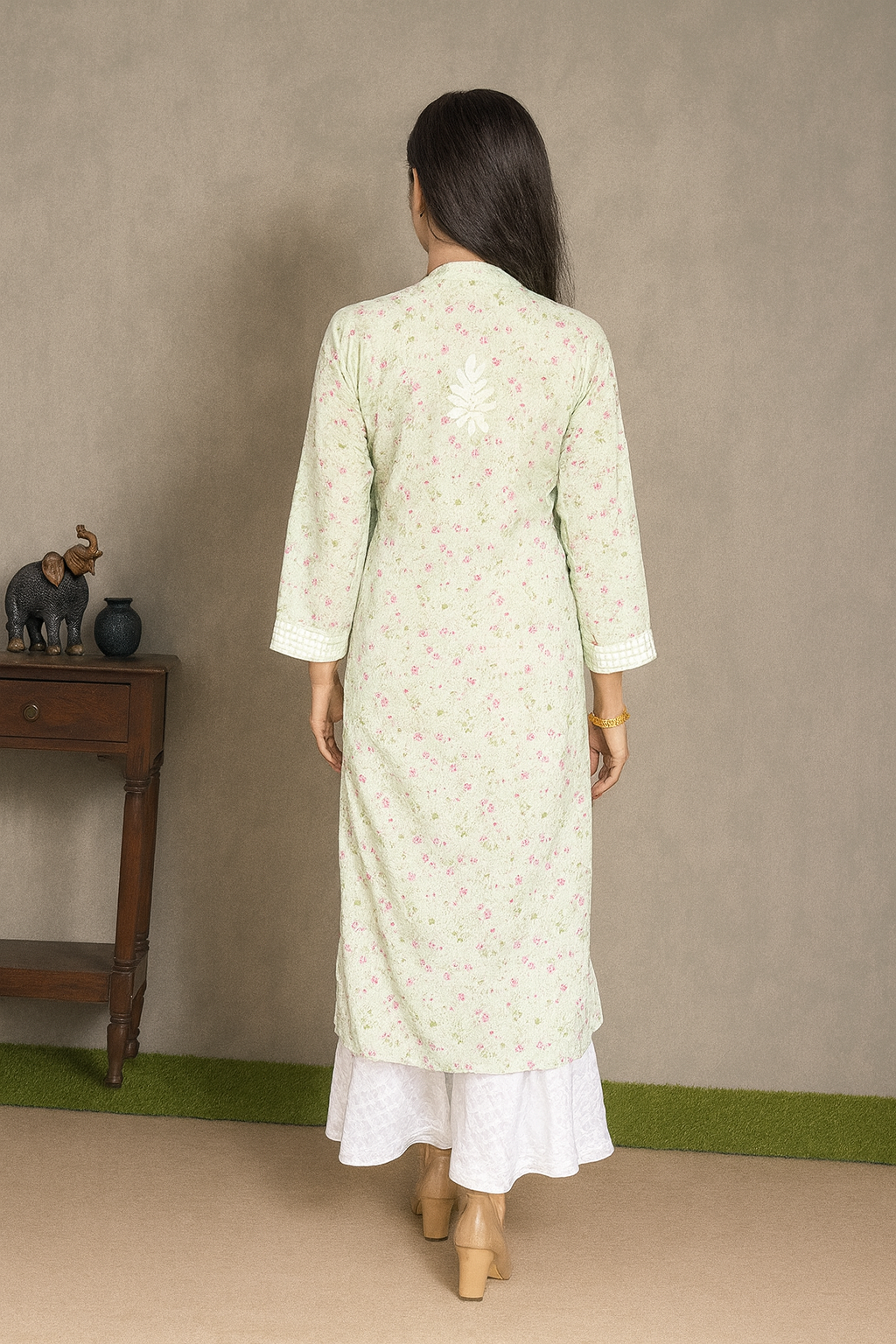 Lucknowi Chikankari Light Green Printed Cotton Kurti-K000085