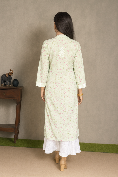 Lucknowi Chikankari Light Green Printed Cotton Kurti-K000085