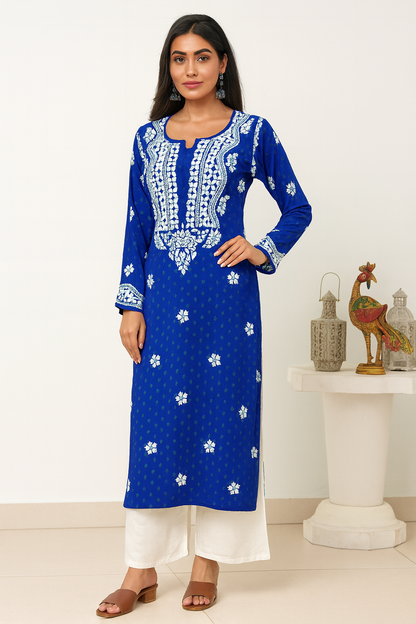 Lucknowi Chikankari Blue 'Aab-e-Asmaan' Rayon Kurti-K000087
