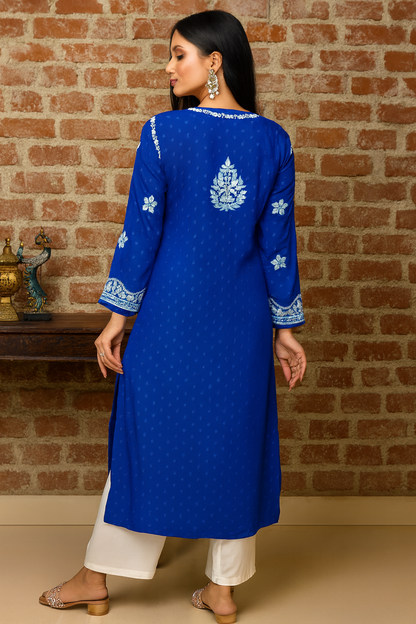 Lucknowi Chikankari Blue 'Aab-e-Asmaan' Rayon Kurti-K000087