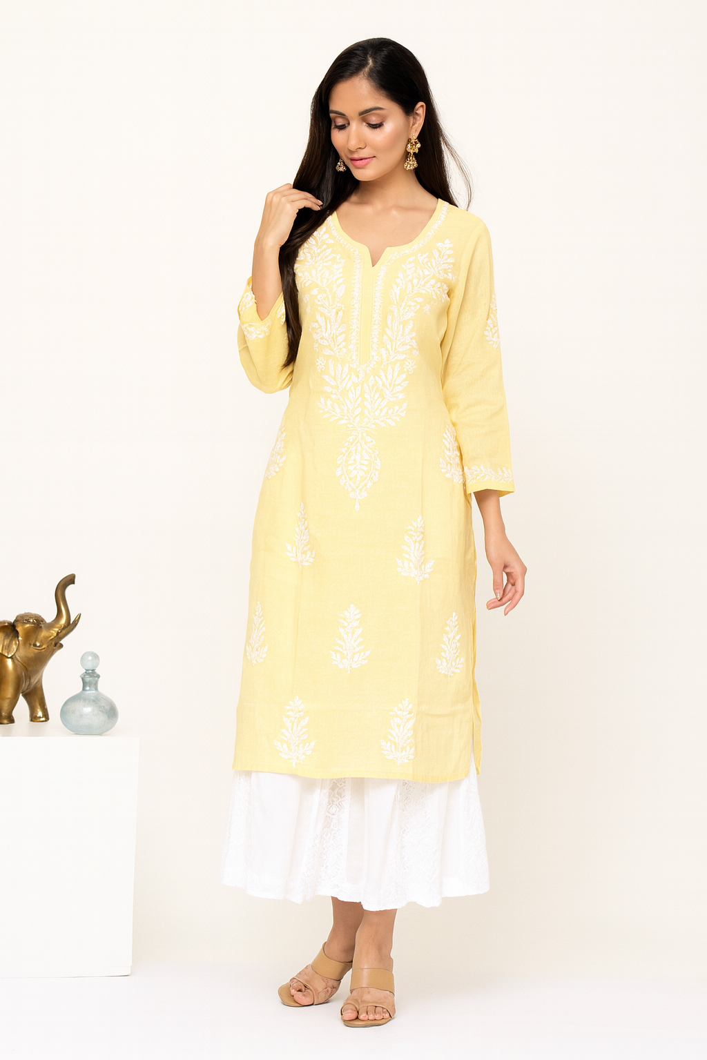 Lucknowi Chikankari Yellow Cotton Kurti-K000107