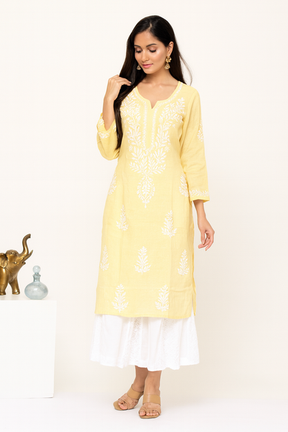 Lucknowi Chikankari Yellow Cotton Kurti-K000107