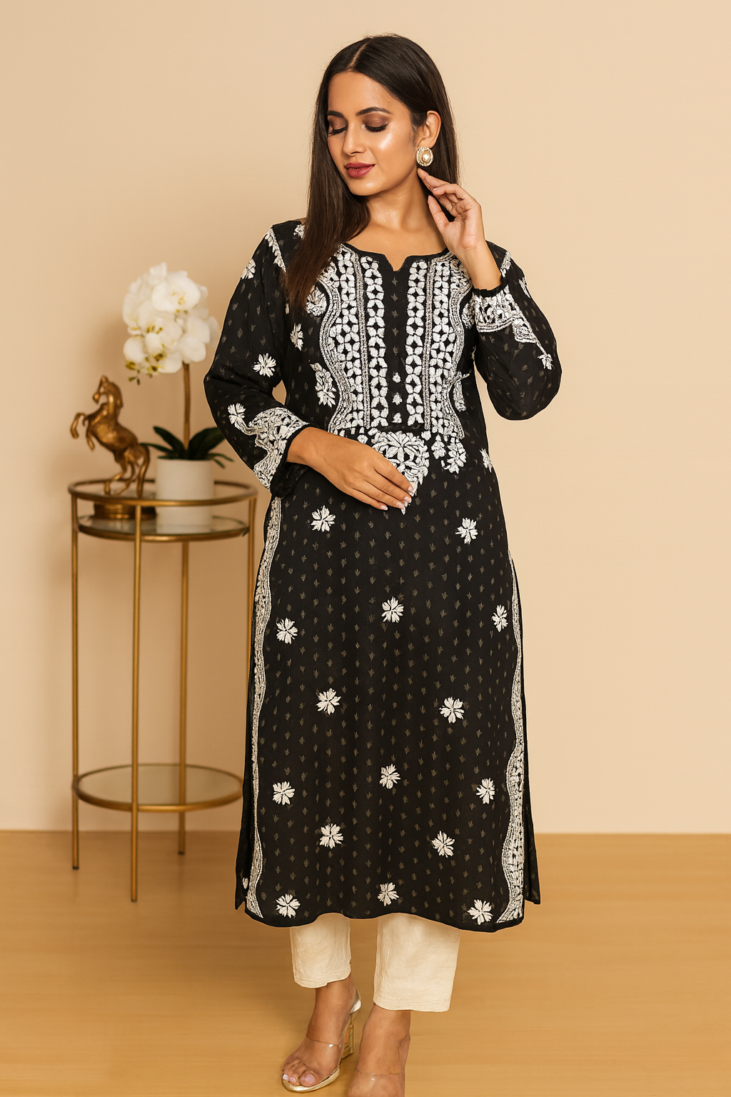 Lucknowi Chikankari Black Rayon Kurti-K000088