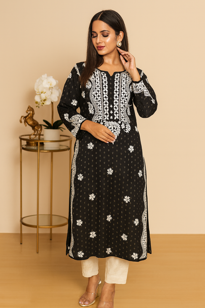 Lucknowi Chikankari Black Rayon Kurti-K000088