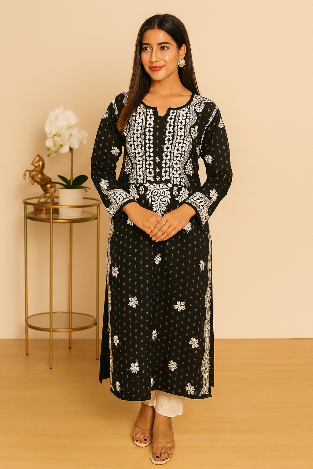 Lucknowi Chikankari Black Rayon Kurti-K000088
