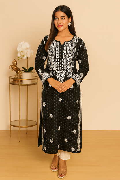Lucknowi Chikankari Black Rayon Kurti-K000088