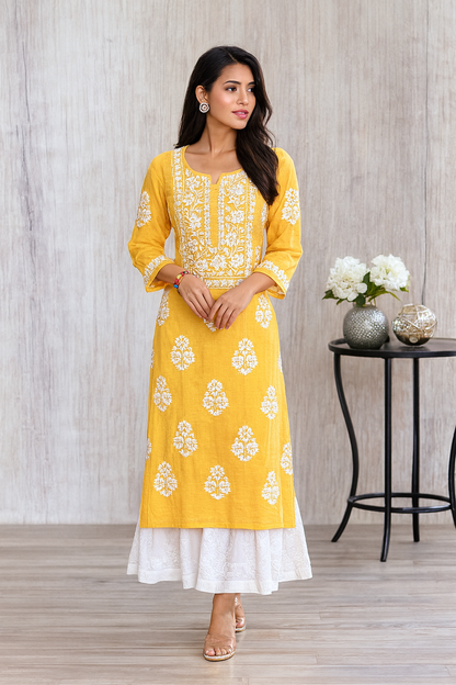 Lucknowi Chikankari Mustard Yellow Modal Kurti-K000099