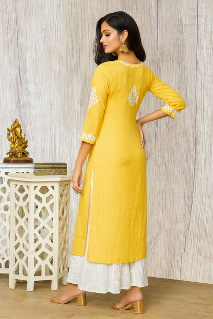 Lucknowi Chikankari Mustard Yellow Modal Kurti-K000099