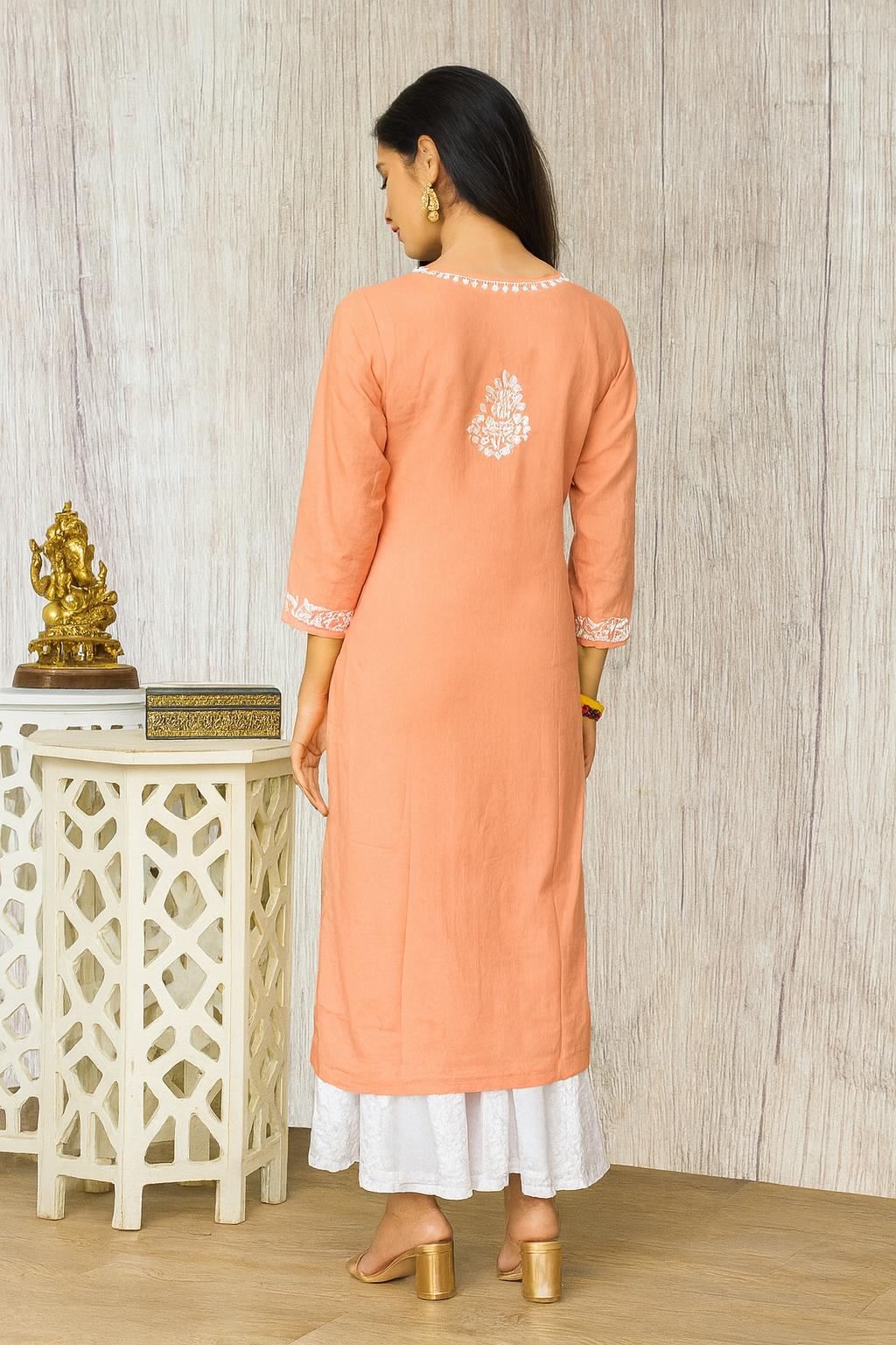 Lucknowi Chikankari Pinkish Orange Modal Kurti-K000100