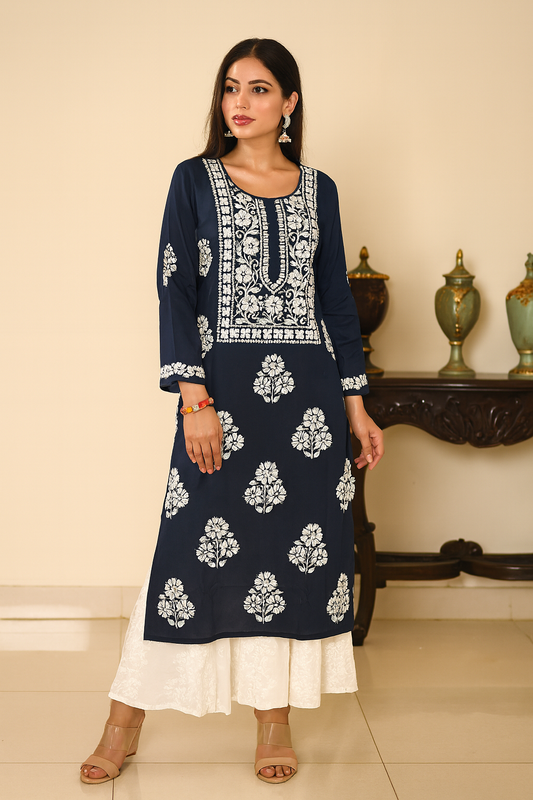 Lucknowi Chikankari Navy Blue Modal Kurti-K000101