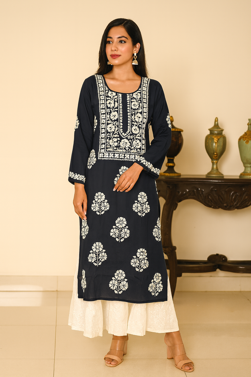 Lucknowi Chikankari Navy Blue Modal Kurti-K000101