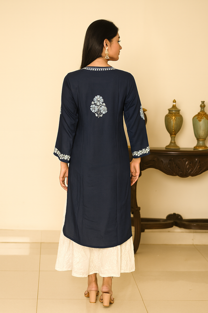 Lucknowi Chikankari Navy Blue Modal Kurti-K000101