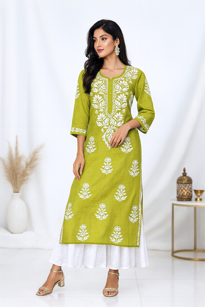 Lucknowi Chikankari Hand Embroidered Green (Bahar) Cotton Kurti For Women- Lucknow Fashion Diary