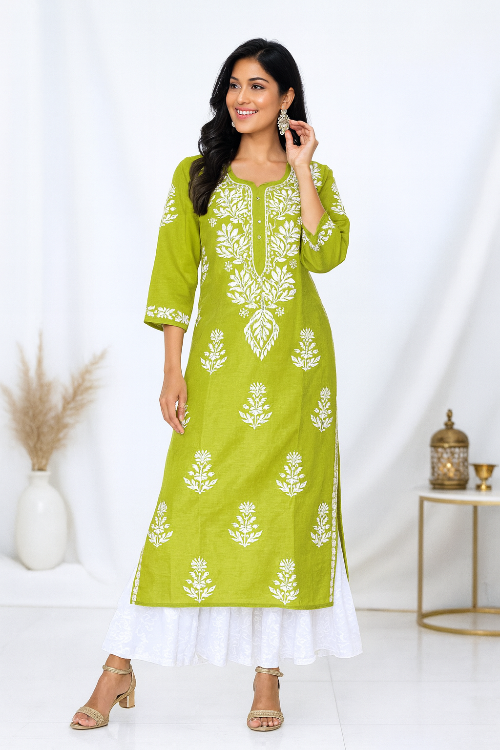 Lucknowi Chikankari Hand Embroidered Green (Bahar) Cotton Kurti For Women- Lucknow Fashion Diary