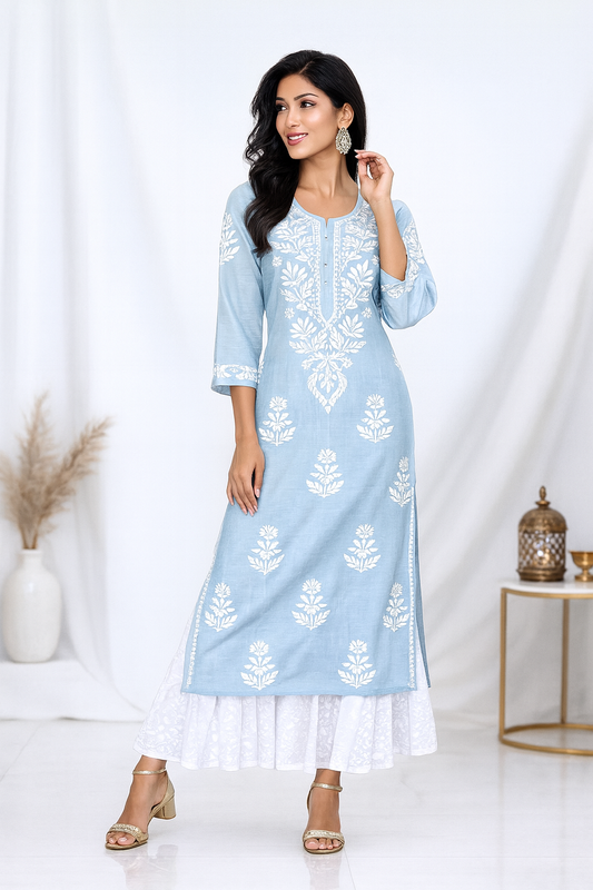 Lucknowi Chikankari Sky Blue Cotton Kurti-K000103