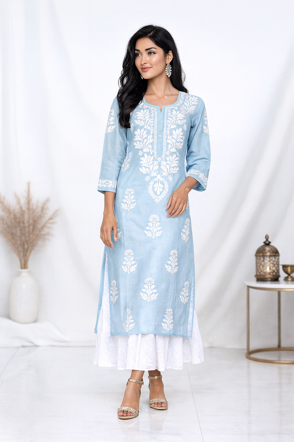 Lucknowi Chikankari Sky Blue Cotton Kurti-K000103