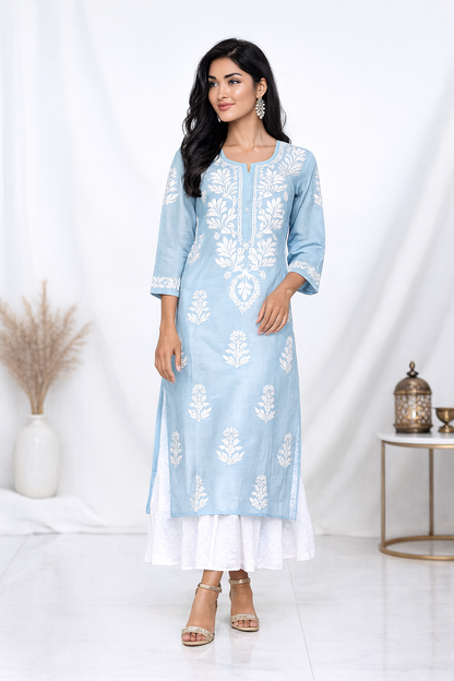 Lucknowi Chikankari Sky Blue Cotton Kurti-K000103