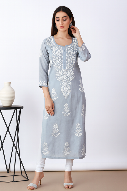 Lucknowi Chikankari Grey Cotton Kurti-K000104