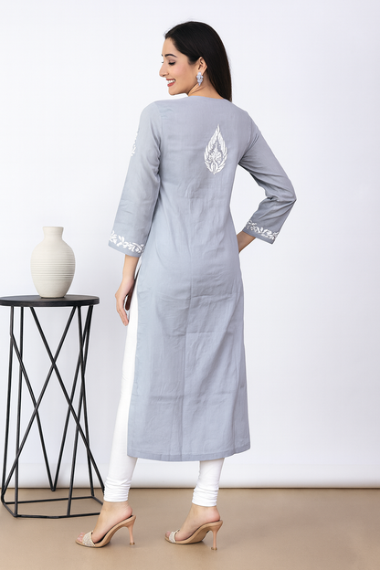 Lucknowi Chikankari Grey 'Dhoondhla' Cotton Kurti-K000104