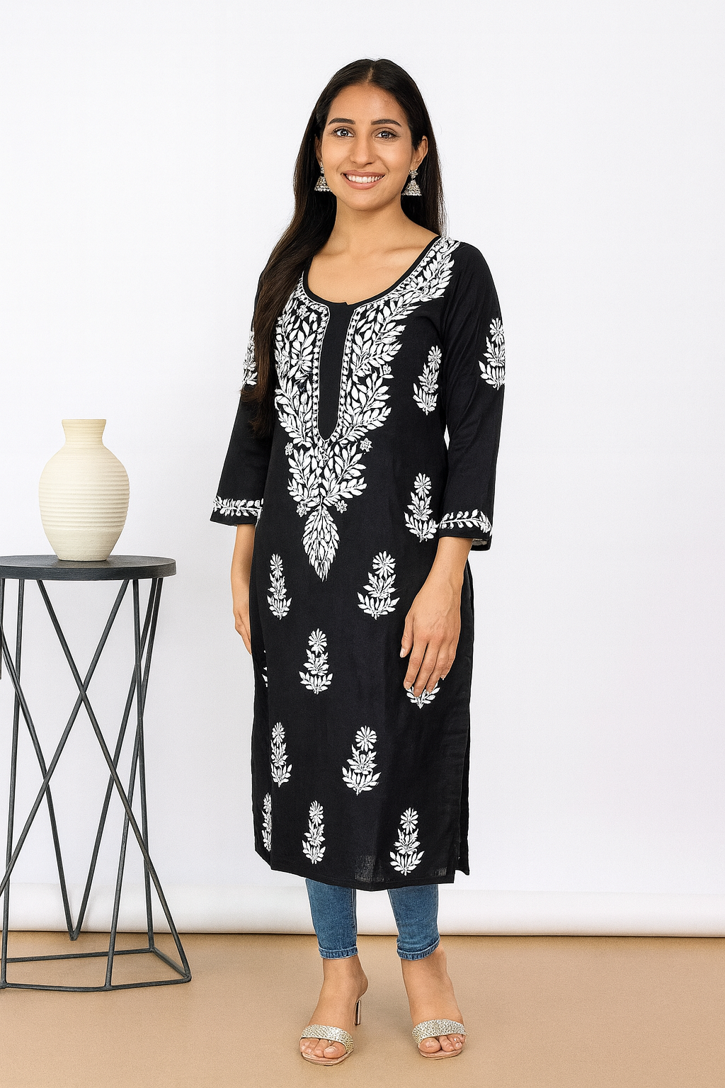 Lucknowi Chikankari Black Cotton Kurti-K000105