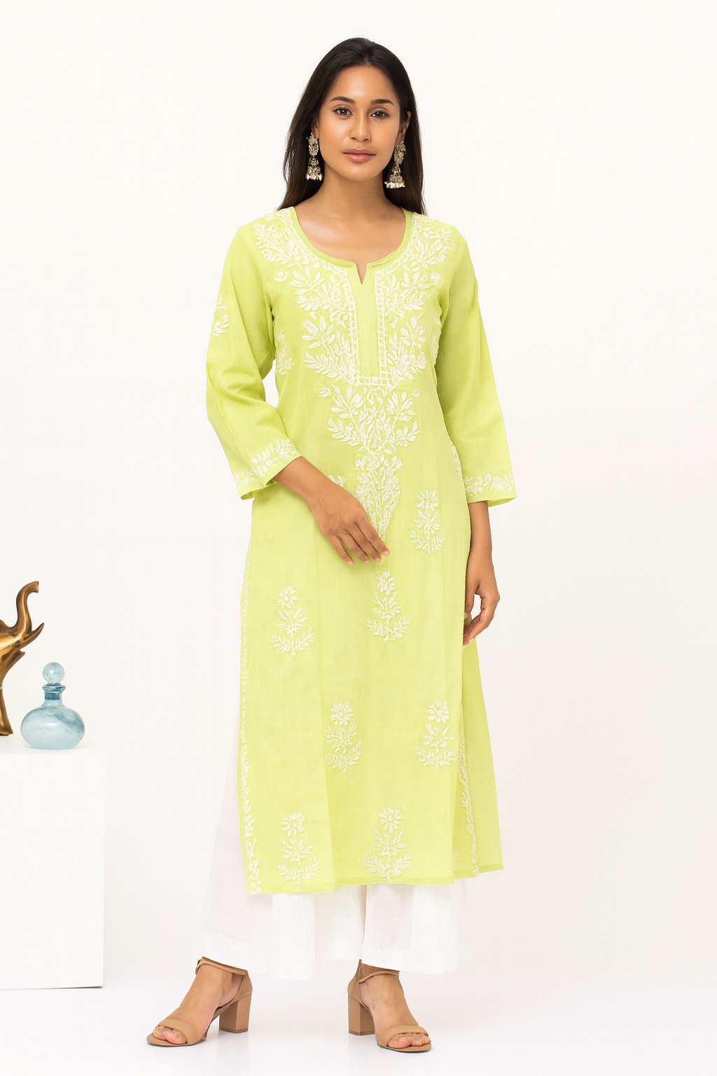Lucknowi Chikankari Lime Green Cotton Kurti-K000106