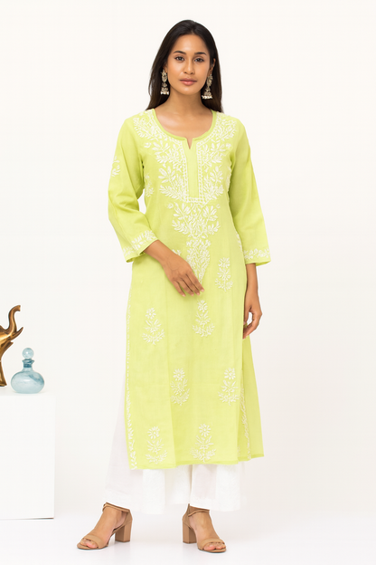 Lucknowi Chikankari Lime Green 'Bahar' Cotton Kurti-K000106