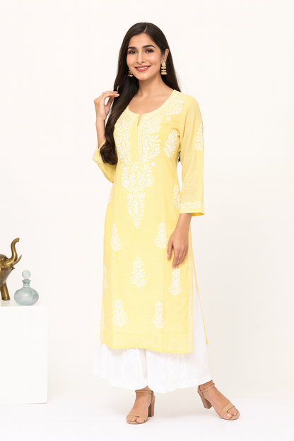Lucknowi Chikankari Yellow 'Sunehri' Cotton Kurti-K000107