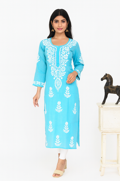 Lucknowi Chikankari Blue Cotton Kurti-K000113