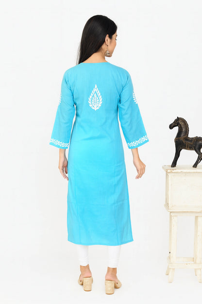 Lucknowi Chikankari Women's Blue 'Aab-e-Asmaan' Cotton Kurta