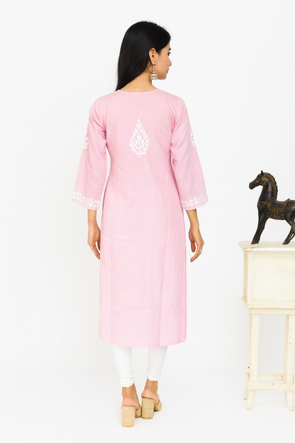 Lucknowi Chikankari Pink Cotton Kurti-K000114