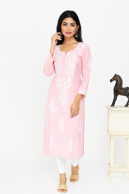Lucknowi Chikankari Pink 'Shagufta' Cotton Kurti-K000114