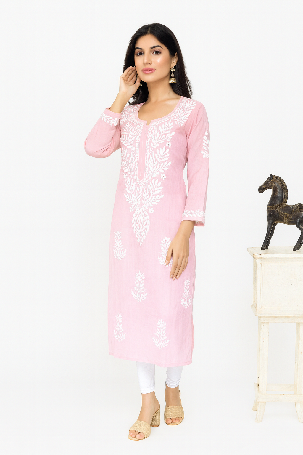 Lucknowi Chikankari Pink Cotton Kurti-K000114