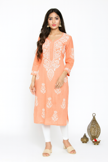 Lucknowi Chikankari Orange 'Narangi' Cotton Kurti-K000115
