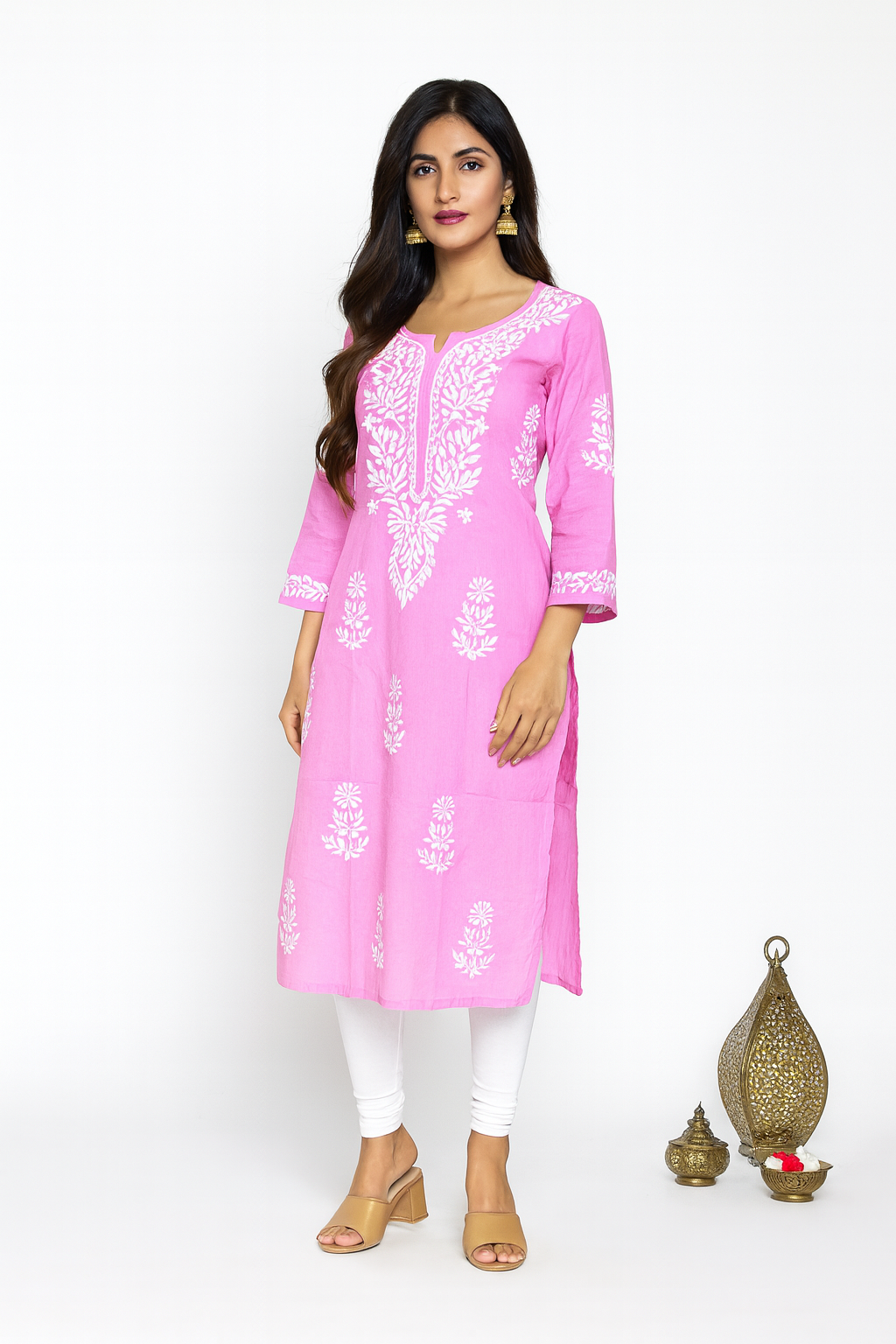 Lucknowi Chikankari Baby Pink Cotton Kurti-K000116