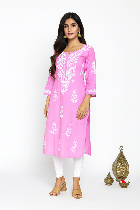 Lucknowi Chikankari Baby Pink Cotton Kurti-K000116