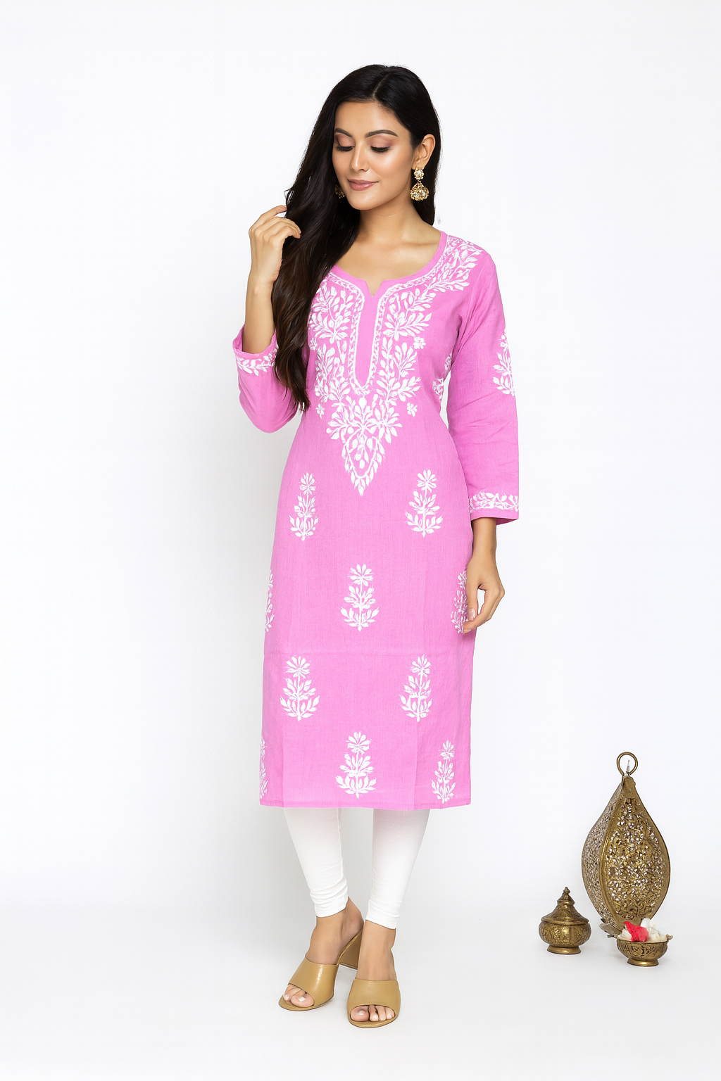 Lucknowi Chikankari Baby Pink 'Shagufta' Cotton Kurti-K000116