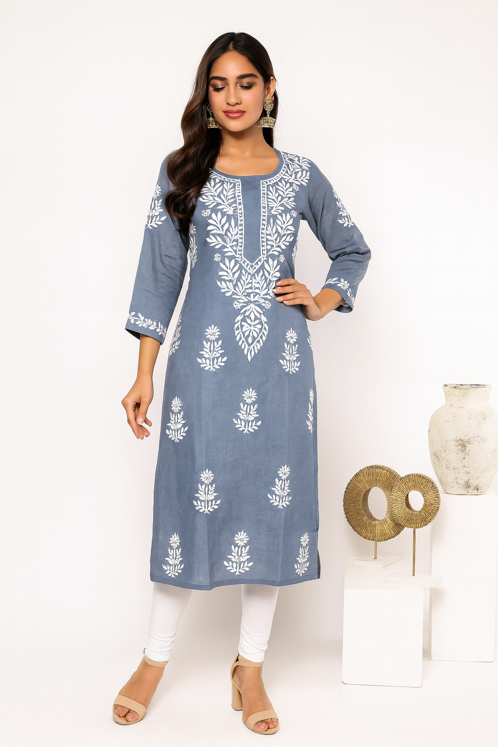 Lucknowi Chikankari Bluish Grey 'Dhoondhla' Cotton Kurti-K000117