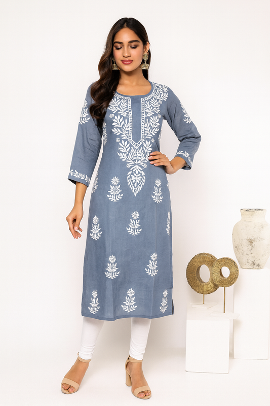 Lucknowi Chikankari Bluish Grey 'Dhoondhla' Cotton Kurti-K000117