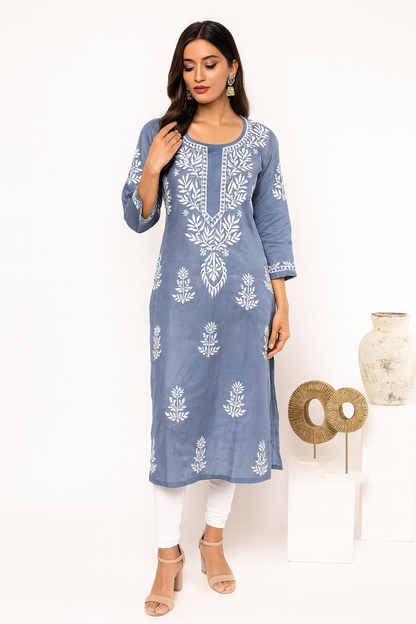Lucknowi Chikankari Bluish Grey 'Dhoondhla' Cotton Kurti-K000117