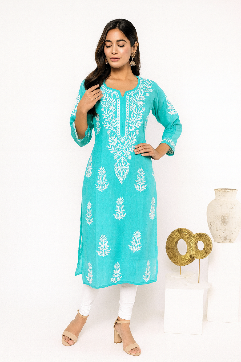 Lucknowi Chikankari Teal Green 'Bahar' Cotton Kurti-K000118