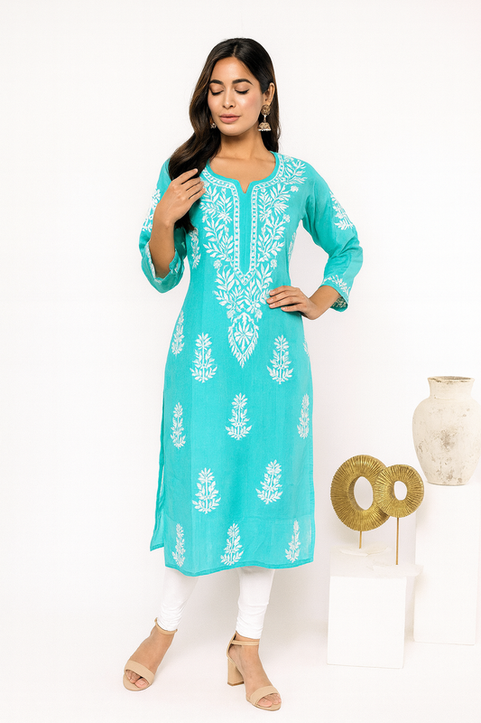Lucknowi Chikankari Teal Green 'Bahar' Cotton Kurti-K000118
