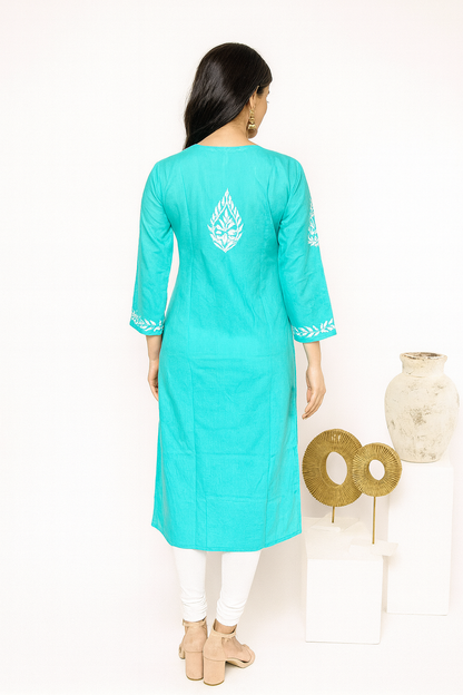 Lucknowi Chikankari Teal Green Cotton Kurti-K000118