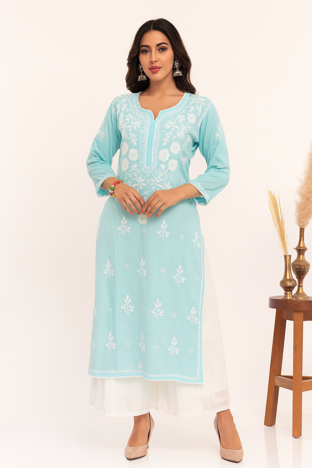 Lucknowi Chikankari Sky Blue Modal Kurti-K000119