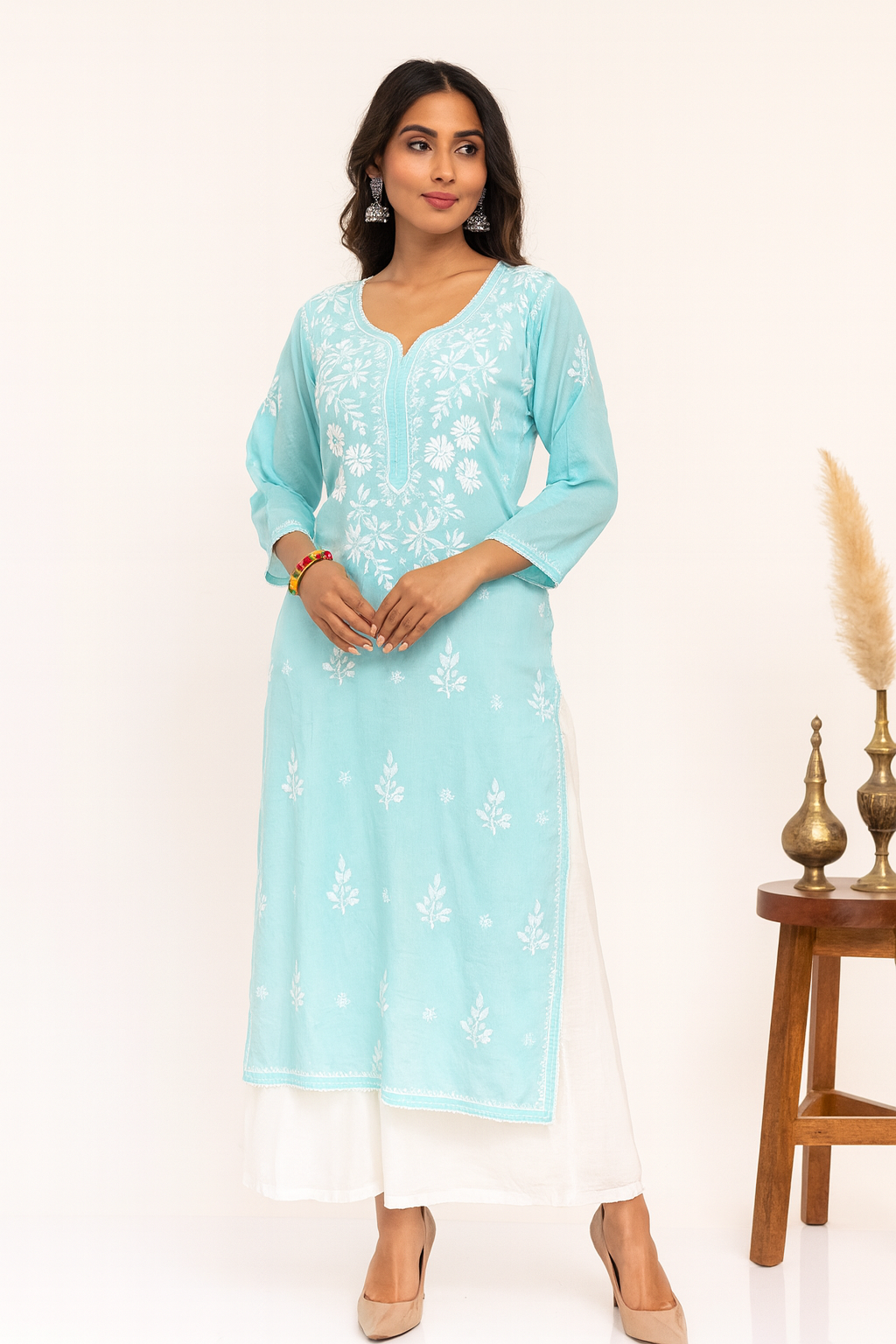 Lucknowi Chikankari Sky Blue Modal Kurti-K000119
