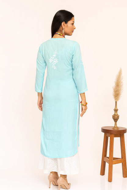 Lucknowi Chikankari Sky Blue Modal Kurti-K000119