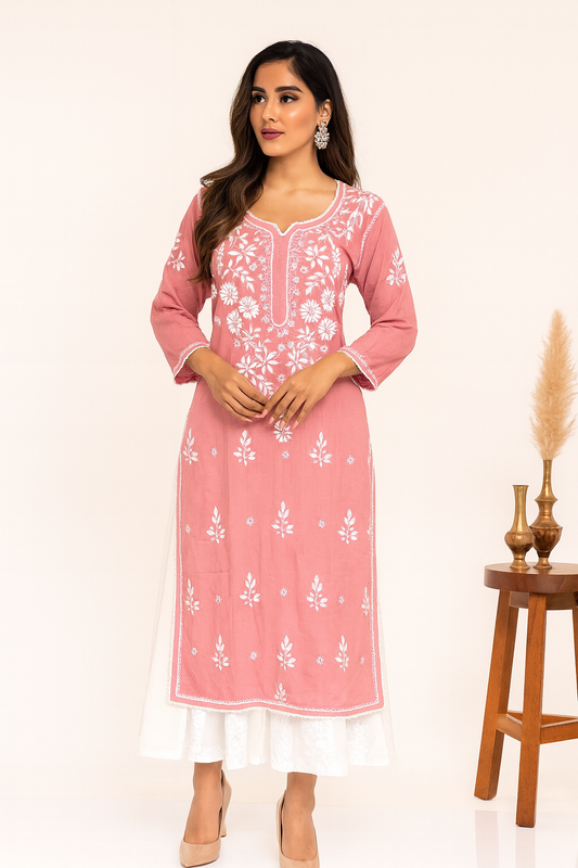 Lucknowi Chikankari Pinkish Mauve Modal Kurti-K000120