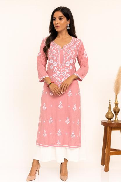 Lucknowi Chikankari Pinkish Mauve Modal Kurti-K000120