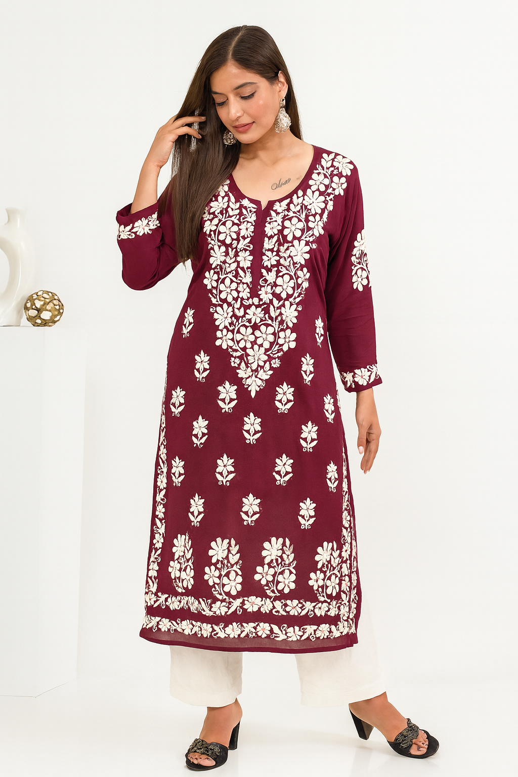 Lucknowi Chikankari Wine Modal Kurti-K000122
